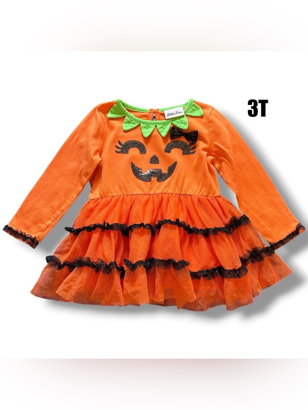 Little Lass Orange Pumpkin Long Sleeve Tutu Dress with Green Leaf Collar